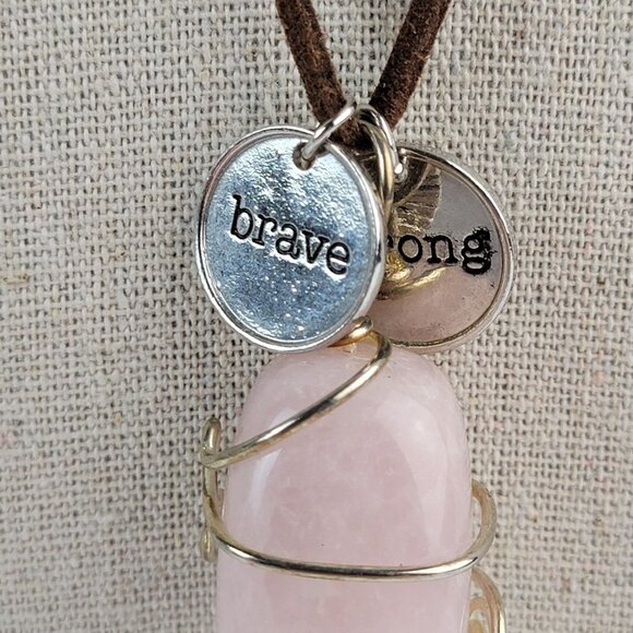 Large Rose Quartz Pendant Brown Leather Cord Necklace 20 In "Brave,Strong" Charm - Picture 4 of 8